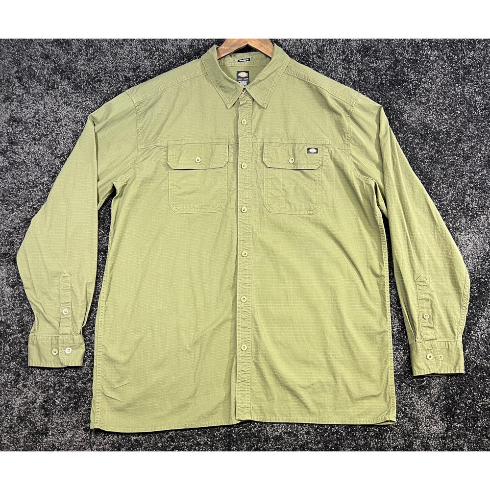 Dickies Mens XL Relaxed Fit Long‎ Sleeve Green Button Front Shirt